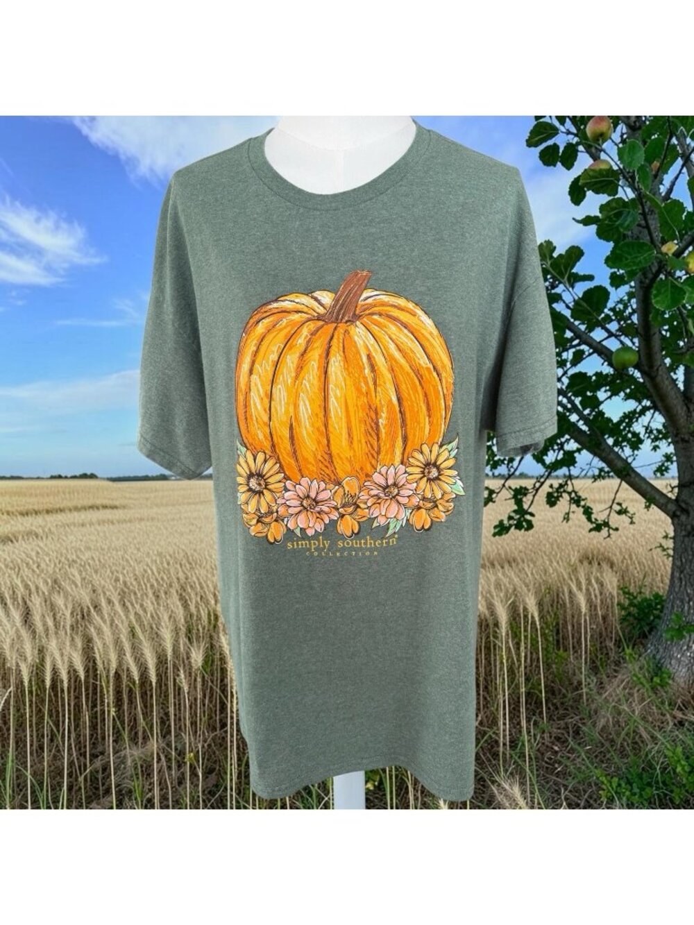 Simply Southern Flowers Pumpkin Short Sleeve T-Shirt Women's-Size XL
